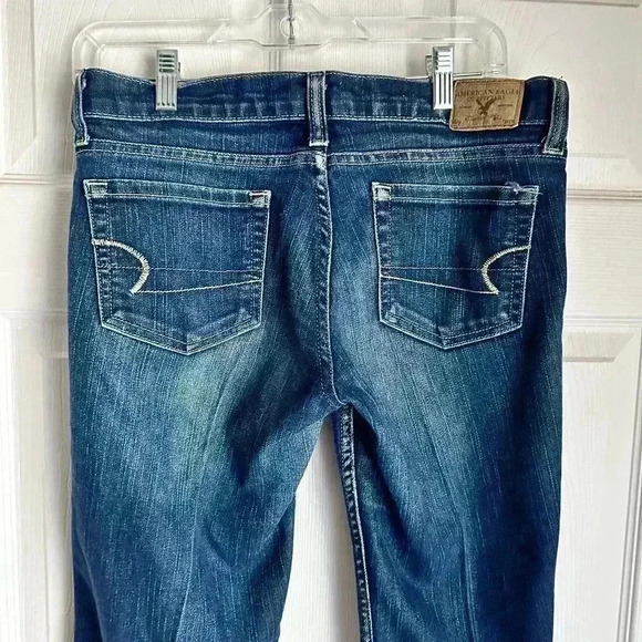 Vintage American Eagle Stretch Skinny Flare Size 4 Blue Denim Raw Hem - Picture 8 of 8